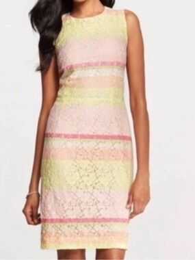 Ann Taylor Pastel Lace Stripe Sheath Dress in Pink, Yellow and Peach
